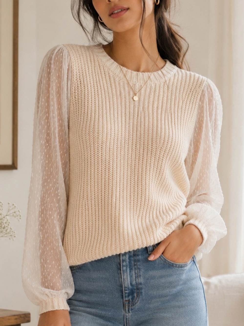 Blu Pepper Cream Knit Sweater Sheer Puff Sleeve Romantic Cottagecore Top | Small